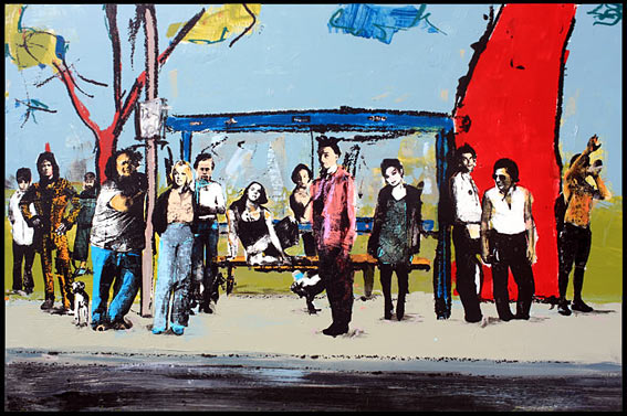 Christian Nicolson nz pop art, bus stop, acrylic